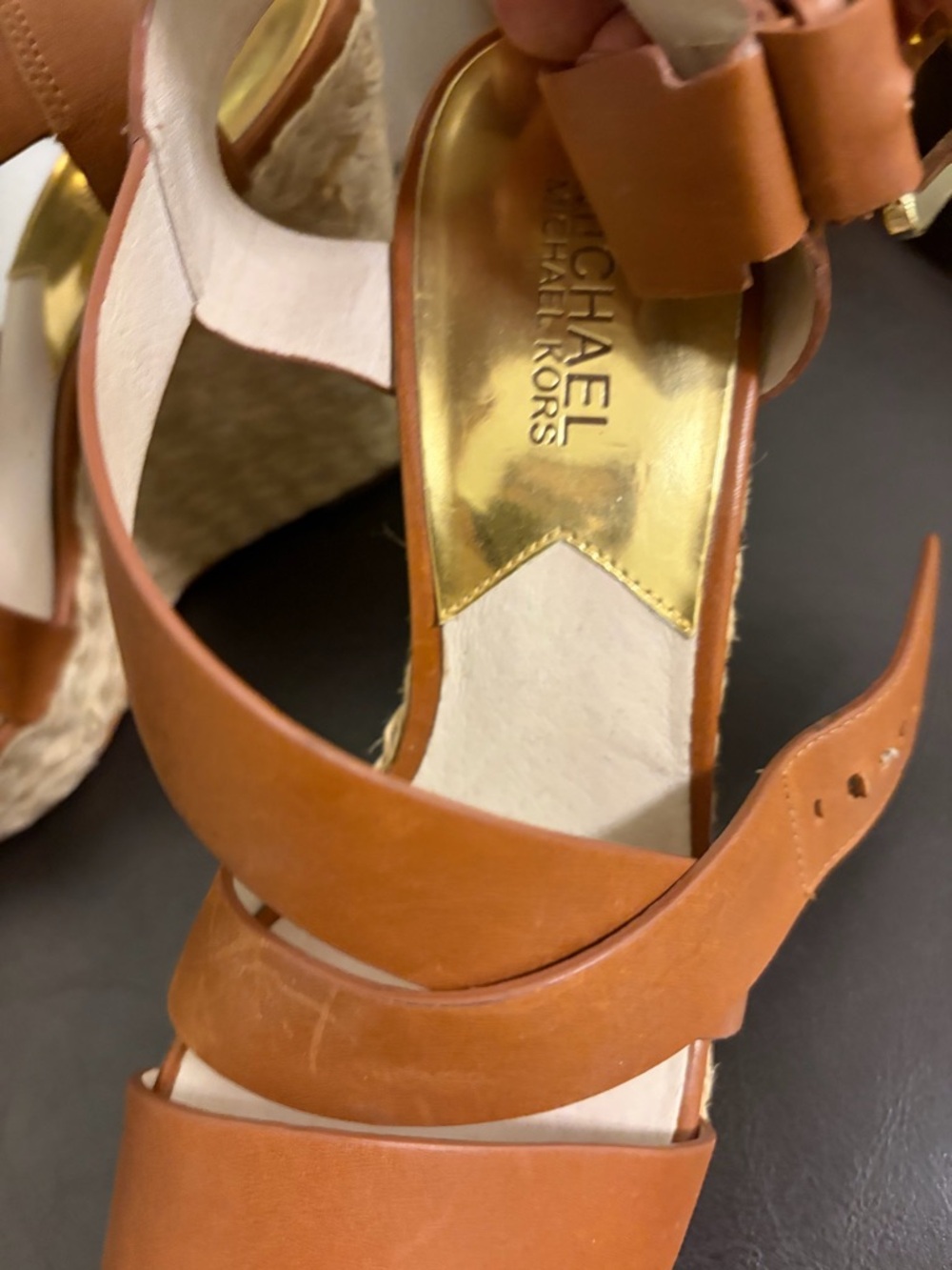 Michael Kors Cognac Leather Espadrille Wedge Sandals